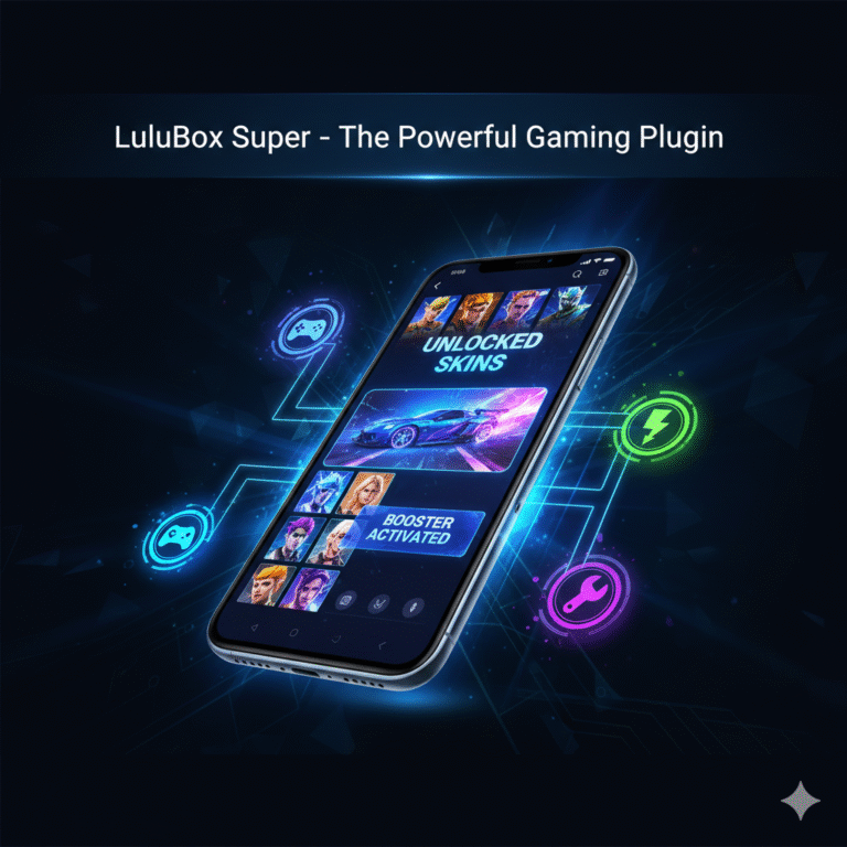 LuluBox Super APK featured image showing a smartphone with unlocked game skins and plugin icons