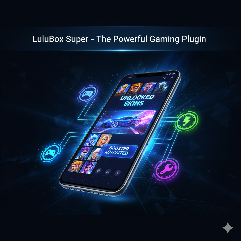 LuluBox Super APK featured image showing a smartphone with unlocked game skins and plugin icons