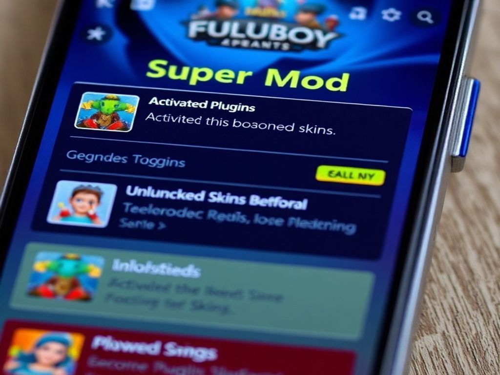 Lulubox Super Mod Menu showing activated plugins and unlocked features.